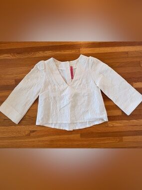 BURU ivory jacquard V-Neck Cropped Blouse